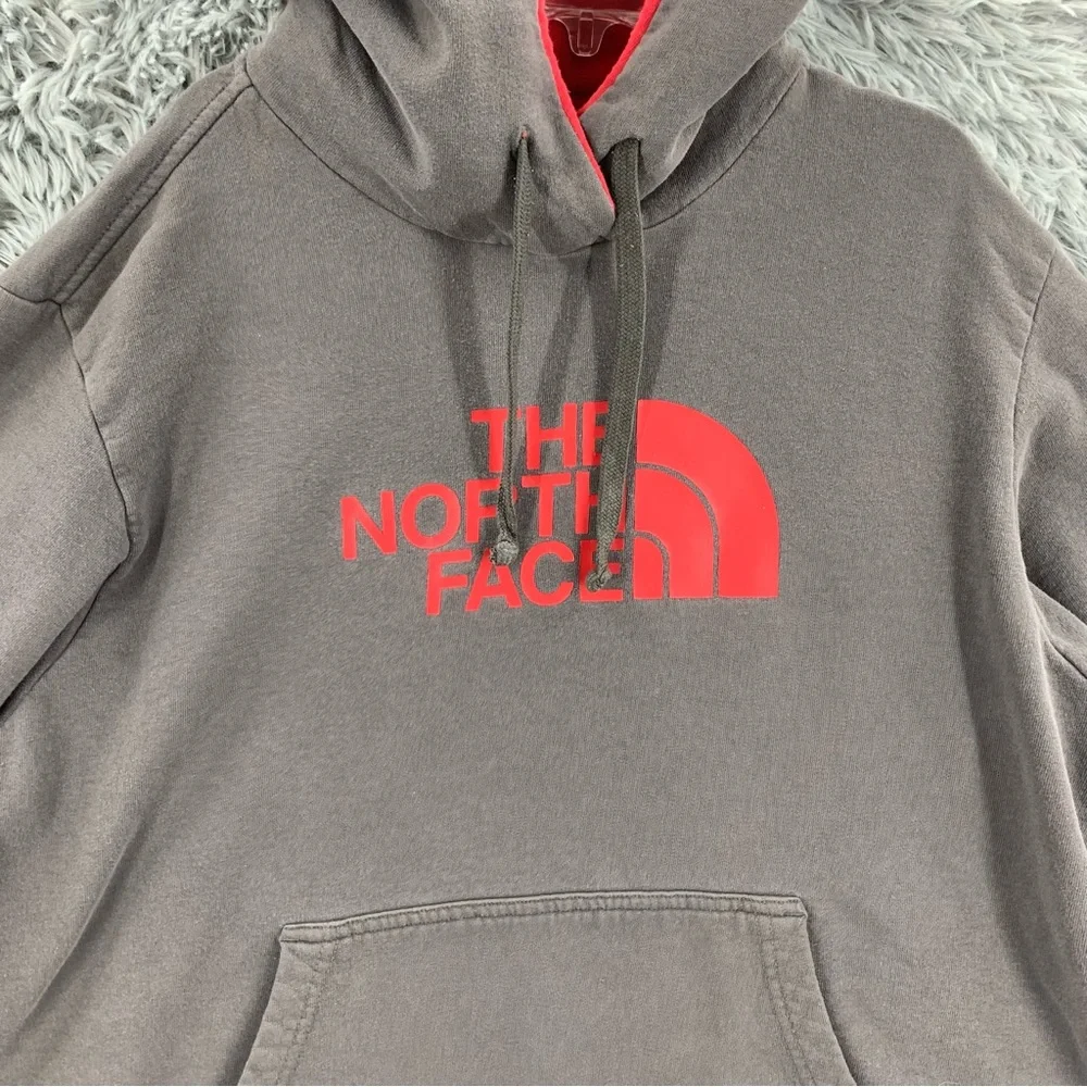 North Face Hoodie Mens Large Gray Red Pullover Kangaroo Pocket